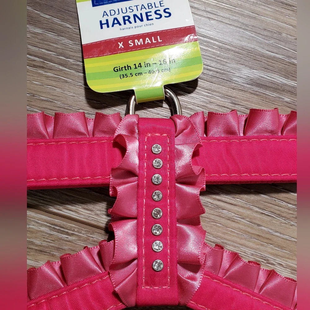 Hot Pink Ruffled Rhinestone Dog Harness With Silver Buckles Size XS